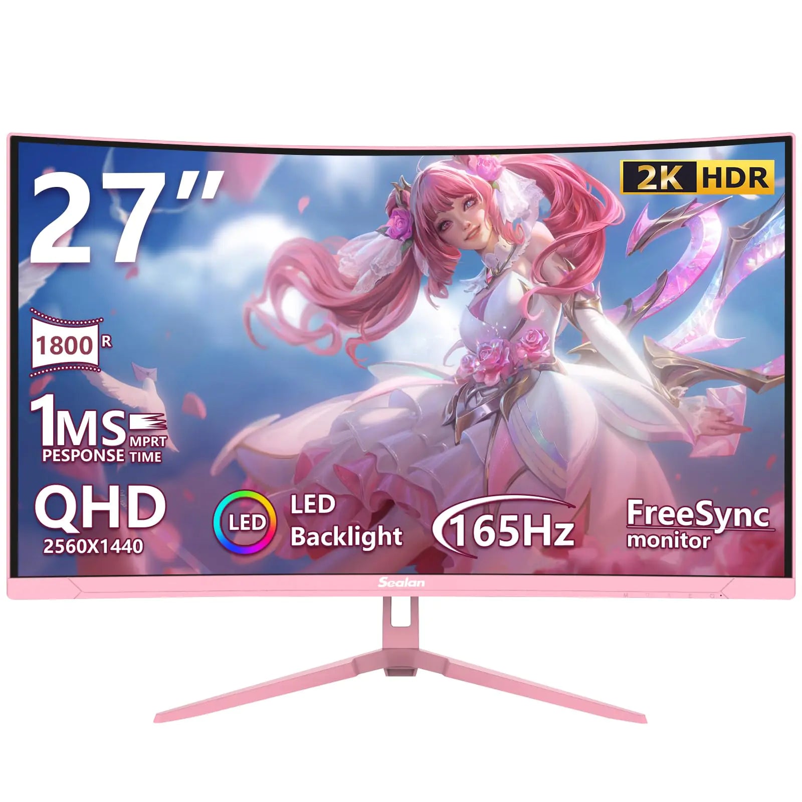 Sealan Pink 27 inch Curved Gaming Monitor 2K 165Hz QHD 1440P1800R LED DisplayPink Computer Monitor1ms (MPRT)FreeSyncEye-Care Technology DP HDMI Port for Gaming Home OfficeVESA(75mm*75mm)