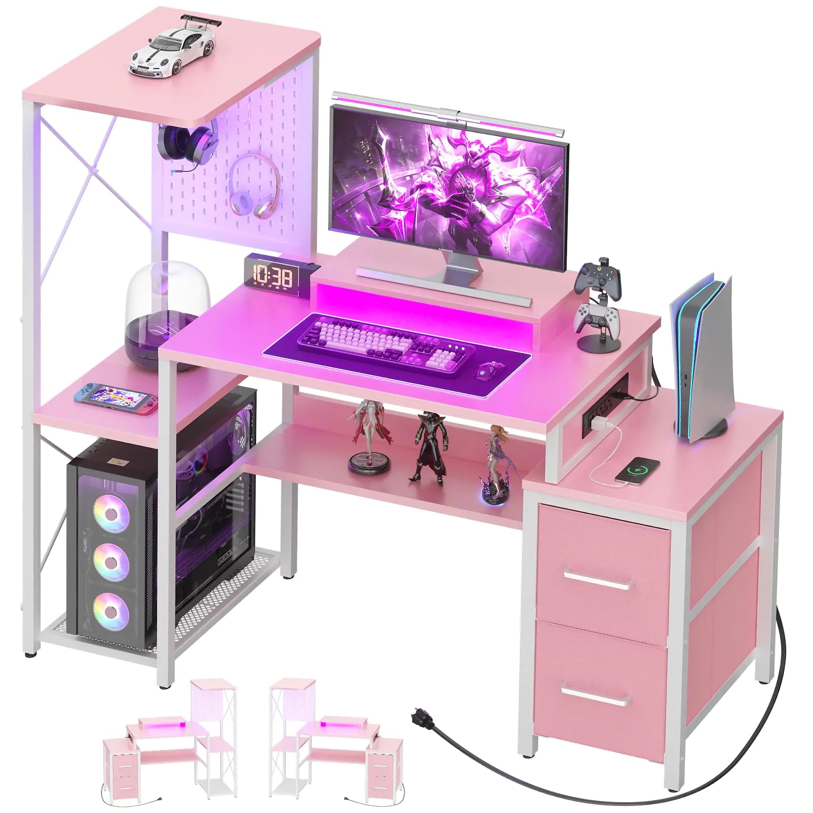 Small Gaming Desk with 2 Fabric Drawers - Reversible Computer Desk with Power Outlet & LED Lights 49" Office Desk with Monitor Stand & Storage Shelves Writing Study Table with Pegboard Pink