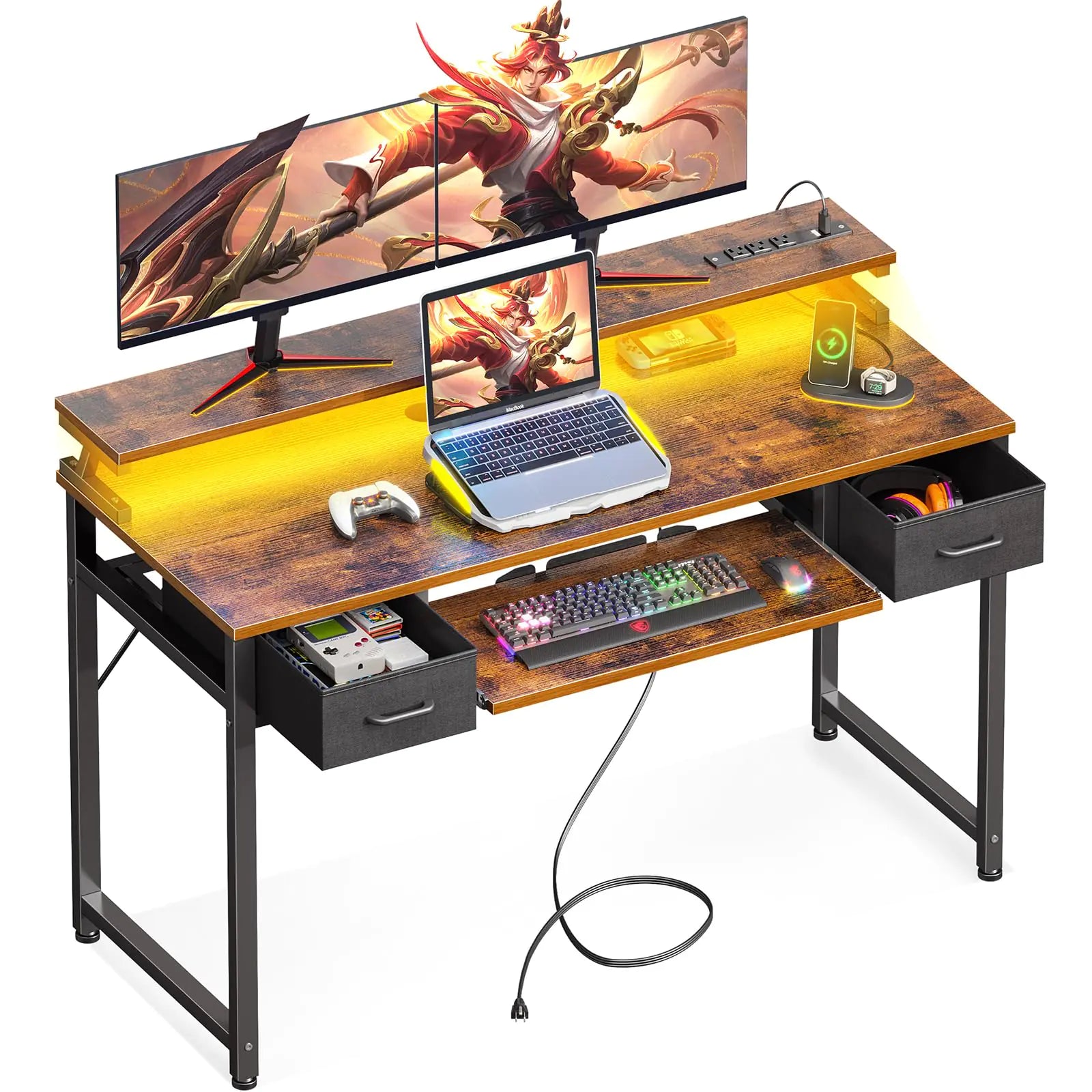 ODK Computer Desk Office Table 48 Inch Gaming Desk with Led Lights and Power Outlet Office Desk with Drawers and Keyboard Tray PC Desk with Monitor Stand Work Desk for Home Office Rustic Brown
