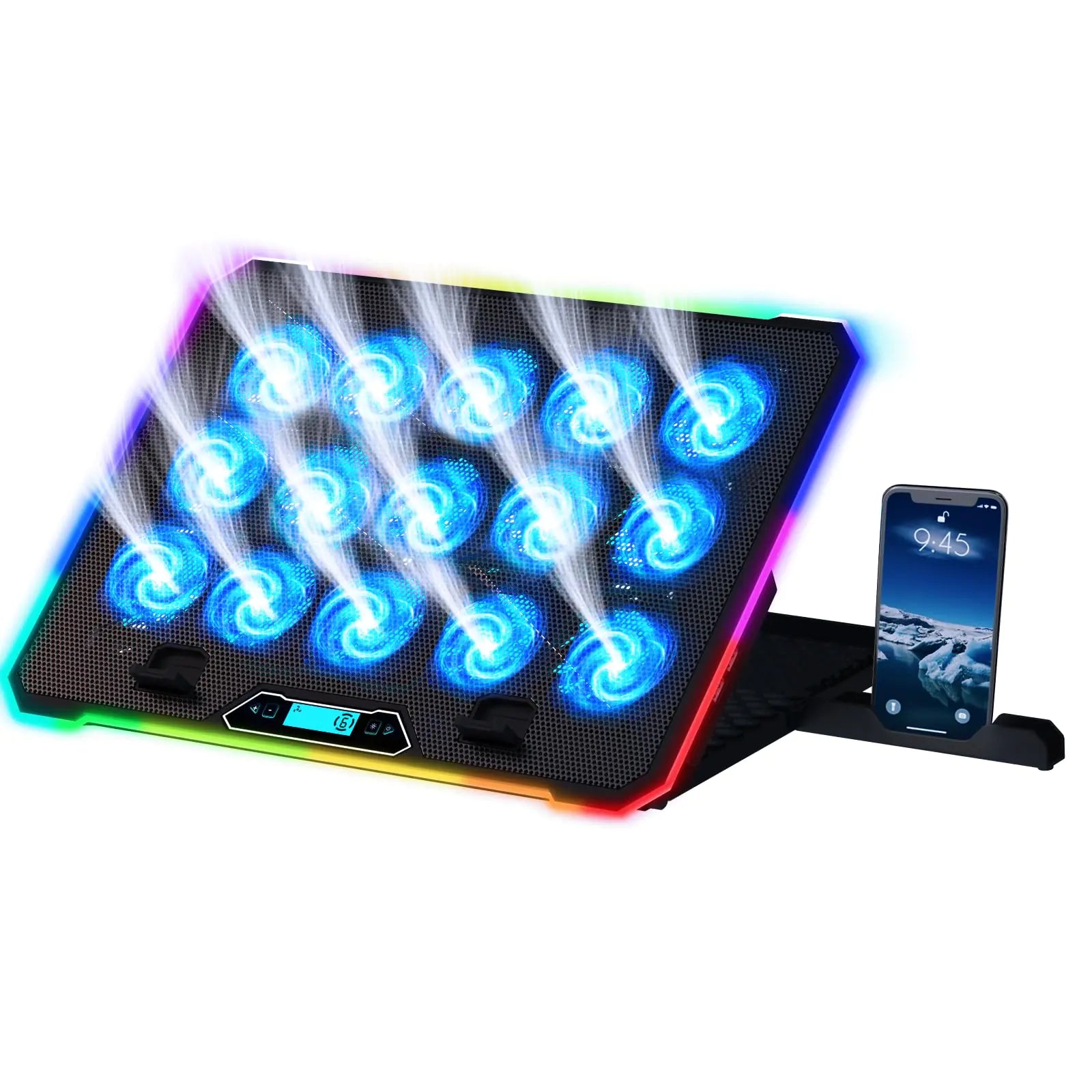 KLIM V15 Gaming Laptop Cooling Pad with 15 Fans + RGB Laptop Cooler + Adjustable Gaming Laptop Stand with Fan + Compatible up to 17 Inches + 2 USB Ports + Smartphone Holder + 5 Years Protection